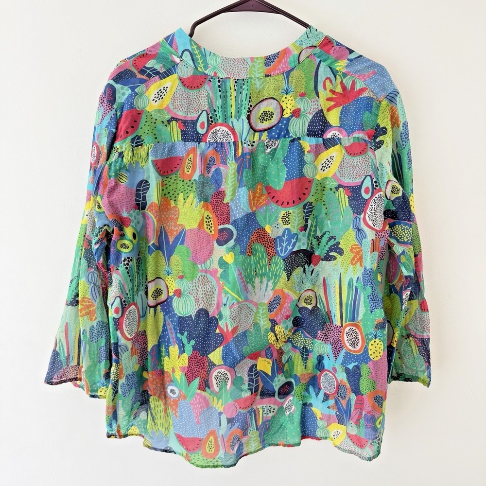 Vilagallo Womens Blouse Tropical Fruit Print Size L 44 Colorful Boho Vacation - Picture 2 of 8